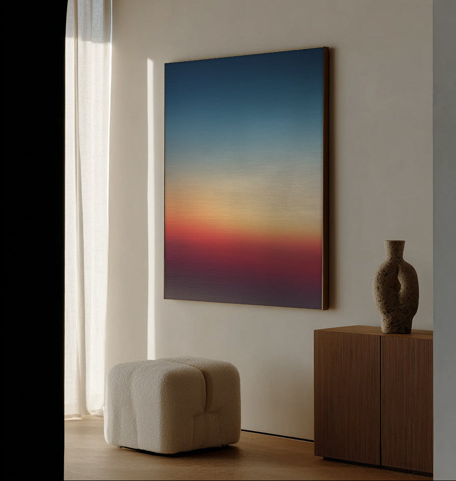 Modern interior with a colorful abstract painting on a white wall.